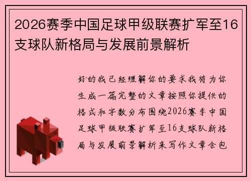 2026赛季中国足球甲级联赛扩军至16支球队新格局与发展前景解析
